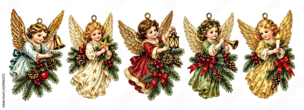 Obraz premium PNG Vintage angel cherubs with flowers, instruments, wings, Christmas ornaments