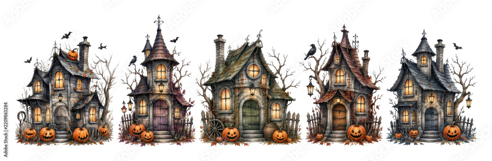 Obraz premium PNG Whimsical haunted Halloween cottages with glowing windows and pumpkins