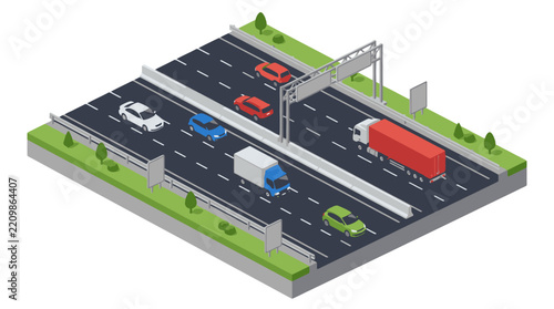 Corporate Isometric of Multi Lane Highway with Various Vehicles and Traffic Infrastructure with high quality professional line art symbols for modern creative design and digital branding projects