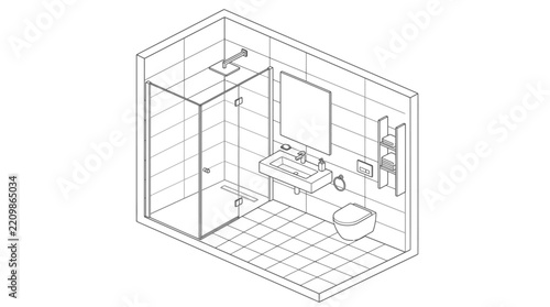 Corporate Minimalist 3D Rendering of Modern Glass Enclosed Shower Toilet and Vanity Bathroom Design in Neutral Tones