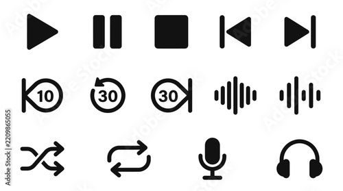 Corporate Minimalist Black and White Audio Player and Media Control Icons Set for Digital Design