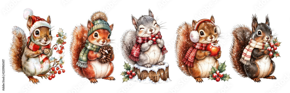 Obraz premium PNG Festive woodland squirrels celebrating winter holidays