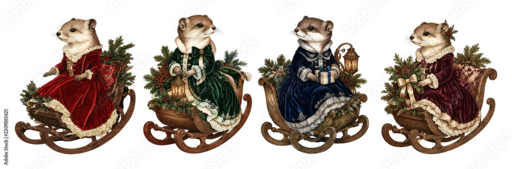 Obraz premium PNG Vintage Christmas mice riding ornate wooden sleighs