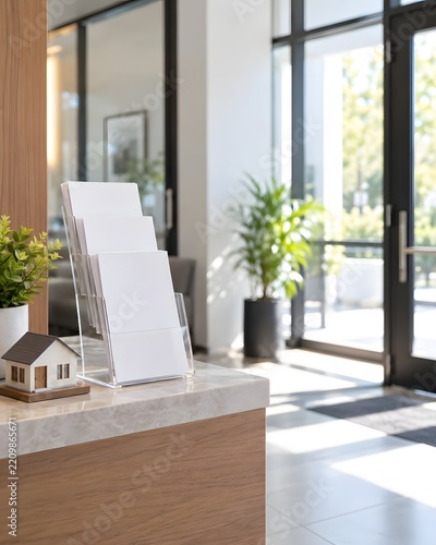 Real Estate Office Brochure Display Rack with Blank Property Leaflets and House Model