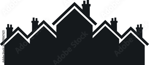 Black silhouette of a row of houses with chimneys isolated on white
