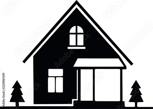 Black house icon with pine trees isolated on a white background