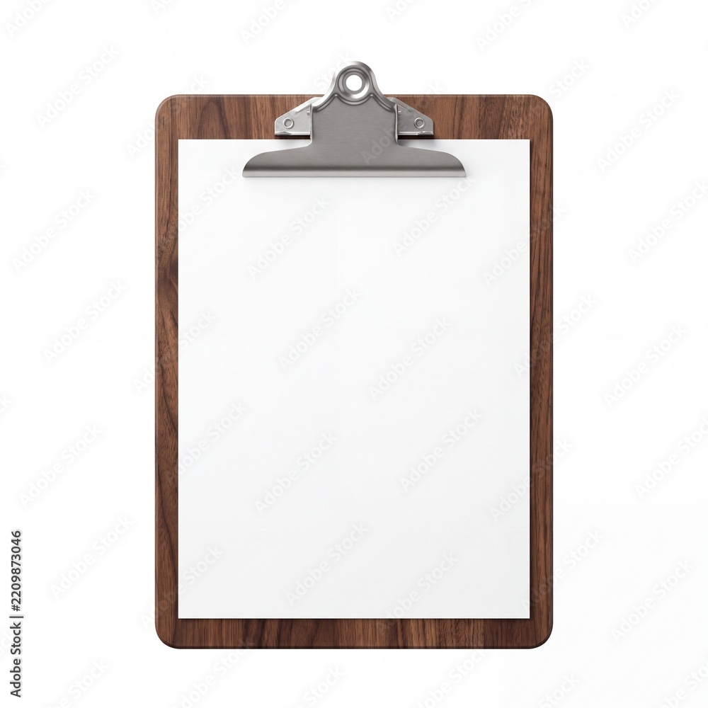 Fototapeta premium Clean Blank White Paper on a Dark Wood Clipboard Isolated on White Background, Top View Professional Stationery Mockup for Business, Medical, or Education Planning and Checklists