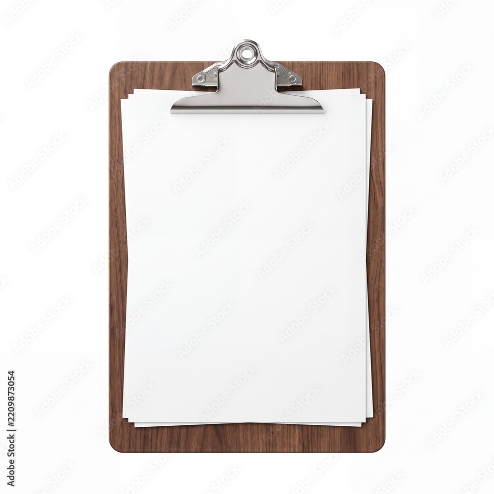 Fototapeta premium Blank White Paper Sheets on a Classic Wooden Clipboard with Metal Clip Isolated on White Background, Professional Mockup for Business Forms, Medical Checklists, Surveys, or Legal Documents
