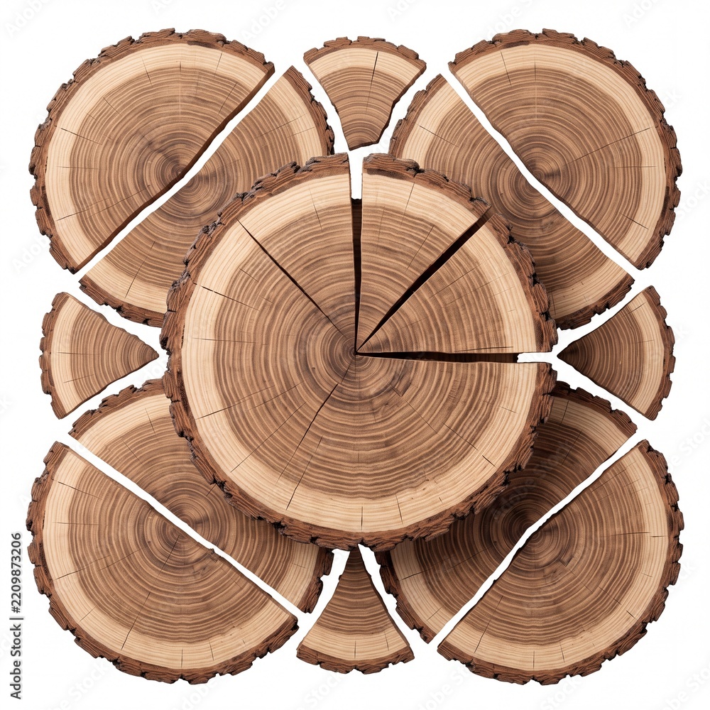 Fototapeta premium Artistic composition of natural tree trunk slices with annual growth rings arranged in a geometric circular pattern on a white background, perfect for wood industry or nature-themed design concepts