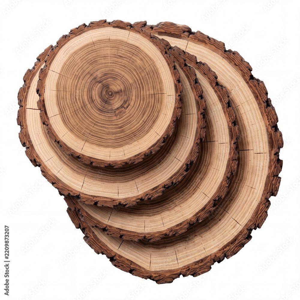 Fototapeta premium Stack of natural wood slices with visible annual growth rings and rough bark edges isolated on white background, rustic round timber cross sections for home decor and craft projects