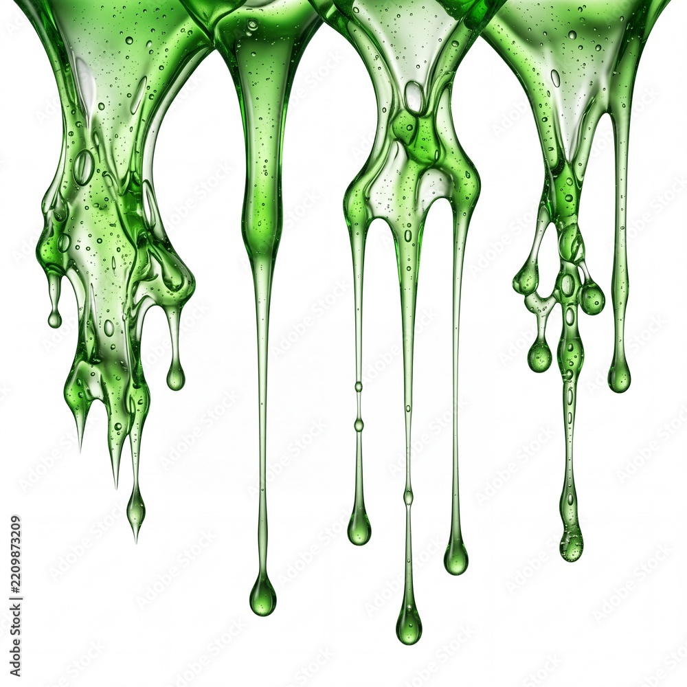 Fototapeta premium Abstract Green Viscous Liquid Dripping with Air Bubbles Isolated on White Background, Gooey Slime or Cosmetic Gel Texture Falling Downwards, Creative Macro Concept of Fluid Motion and Viscosity