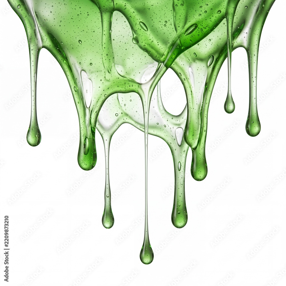 Fototapeta premium Viscous Green Liquid Slime or Cosmetic Gel Dripping with Air Bubbles Isolated on White Background, Abstract Concept of Natural Herbal Extract, Aloe Vera, or Chemical Fluid Flowing Down