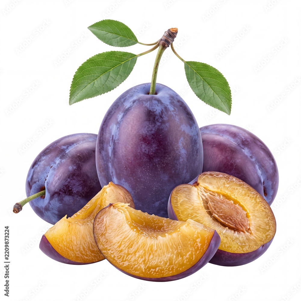 Naklejka premium Fresh Ripe Blue Plums with Green Leaves, Whole Fruits and Slices Isolated on White Background, Sweet Organic Juicy Prunes for Healthy Diet, Vegan Food and Nutrition Concept