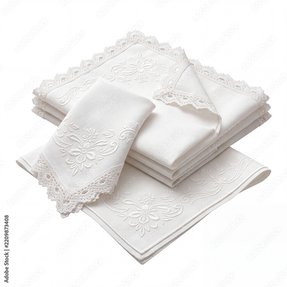Obraz premium Elegant Set of White Linen Napkins with Intricate Floral Embroidery and Decorative Lace Edging, Neatly Folded and Isolated on a White Background for Formal Dining, Weddings, and Luxury Home Decor