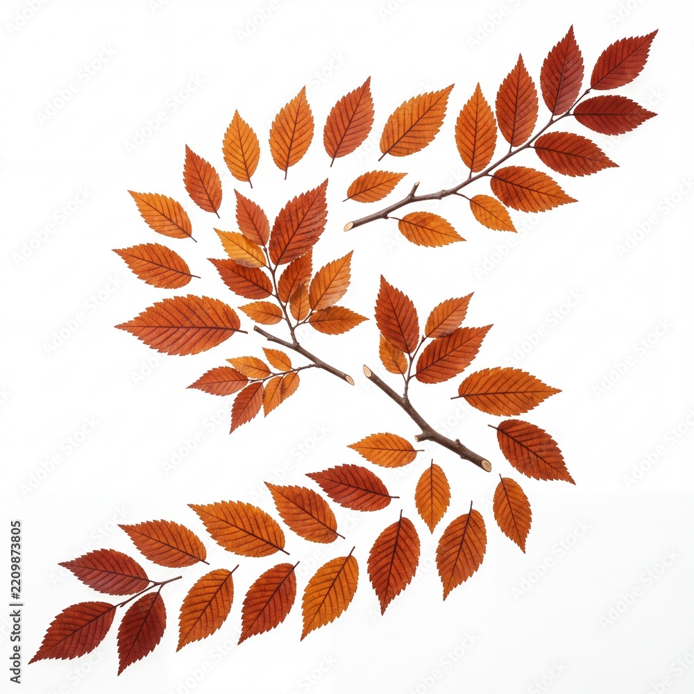Obraz premium Artistic Composition of Vibrant Autumn Leaves and Twigs Arranged in a Curved S-Shape on a Clean White Background, Representing Fall Season, Nature's Beauty, and Botanical Flat Lay Design.