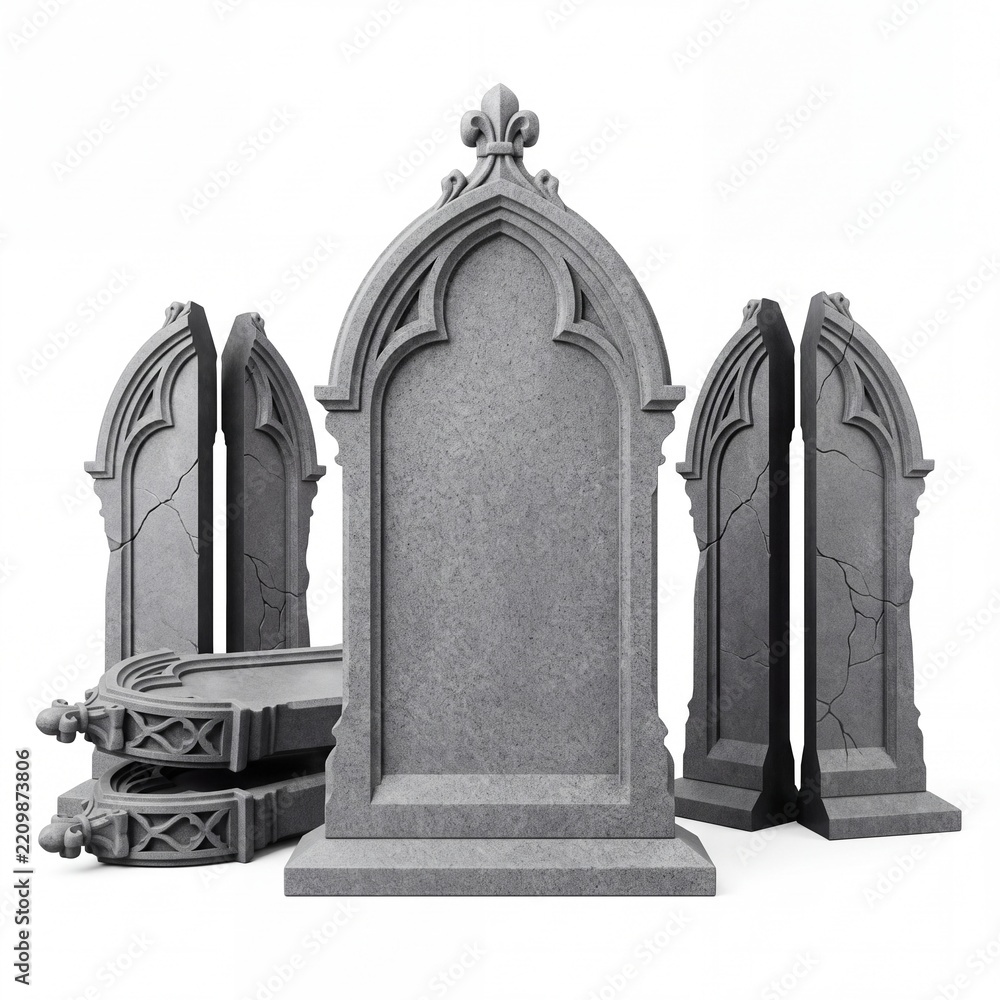 Obraz premium Collection of several blank gothic tombstones and gravestones made of gray stone or granite, isolated on a white background for memorial, cemetery, or Halloween concept design.