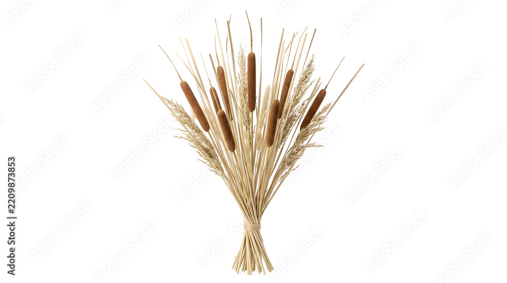 Fototapeta premium Dried cattail bouquet isolated on a transparent background for autumn