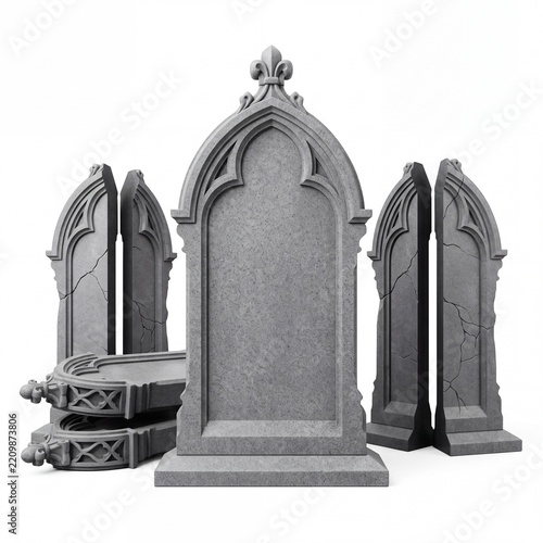 Collection of several blank gothic tombstones and gravestones made of gray stone or granite, isolated on a white background for memorial, cemetery, or Halloween concept design.