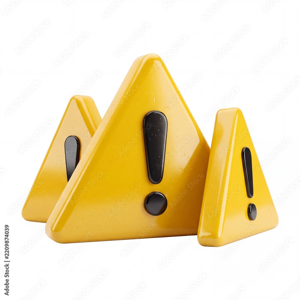 Obraz premium Three 3D glossy yellow warning triangle signs with black exclamation marks isolated on white background, representing alert, caution, system error, notification, and security hazard symbols.
