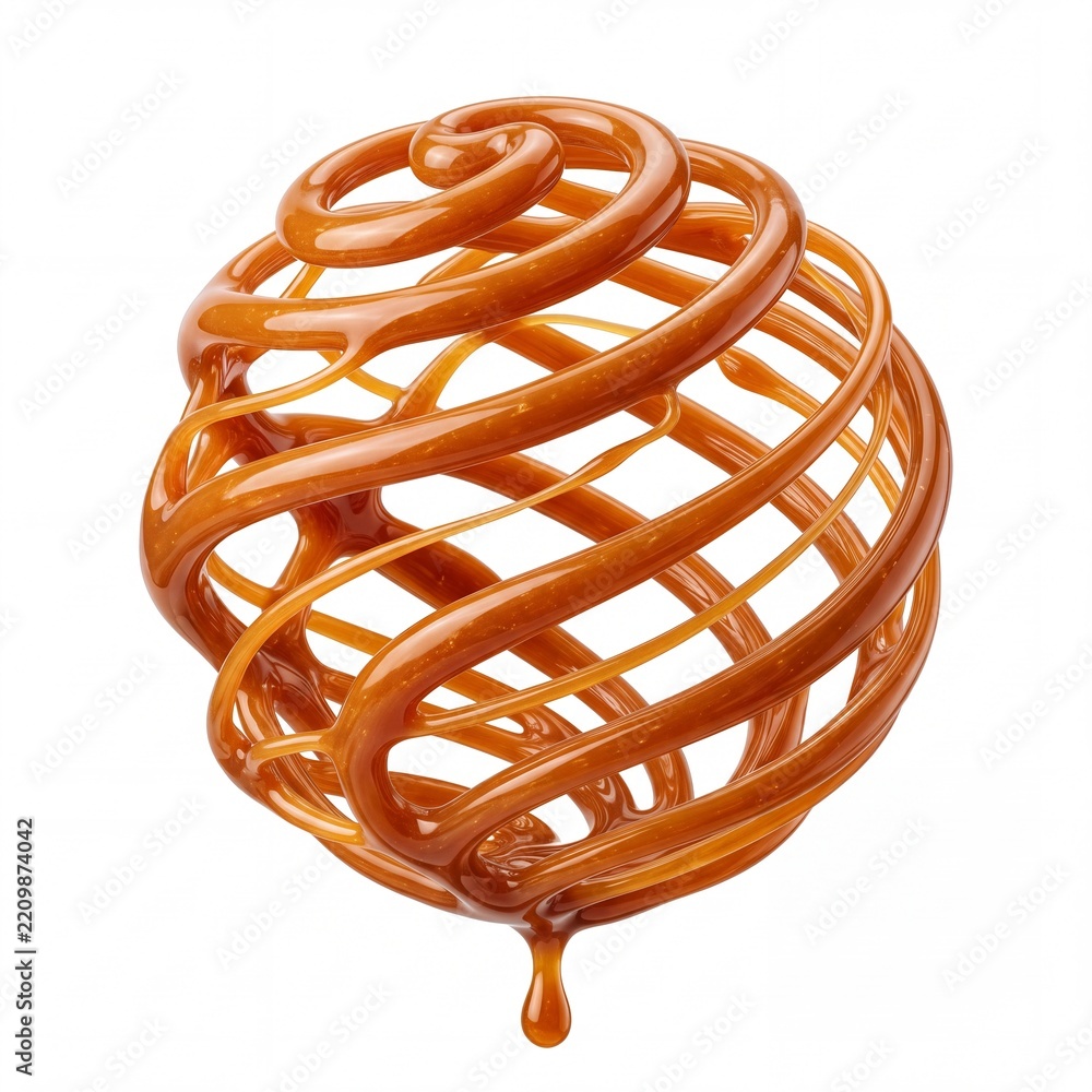Obraz premium Abstract 3D Render of a Spherical Cage Formed by Glossy Liquid Caramel or Golden Honey Syrup with a Single Drip at the Bottom, Isolated on White Background for Sweet Dessert Graphic Design