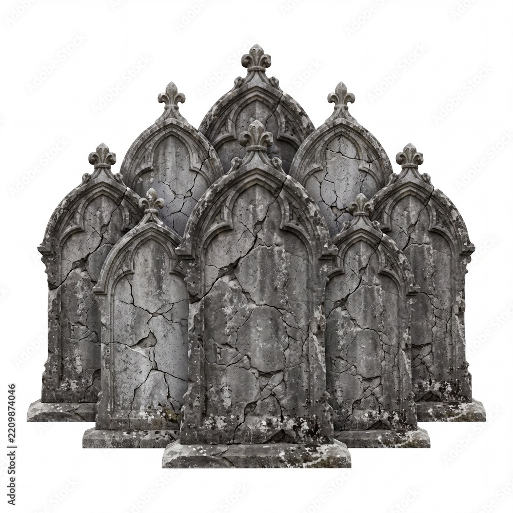 Obraz premium Group of weathered and cracked gothic stone tombstones with fleur-de-lis ornaments isolated on white background, antique cemetery headstones for halloween or spooky horror design concepts.