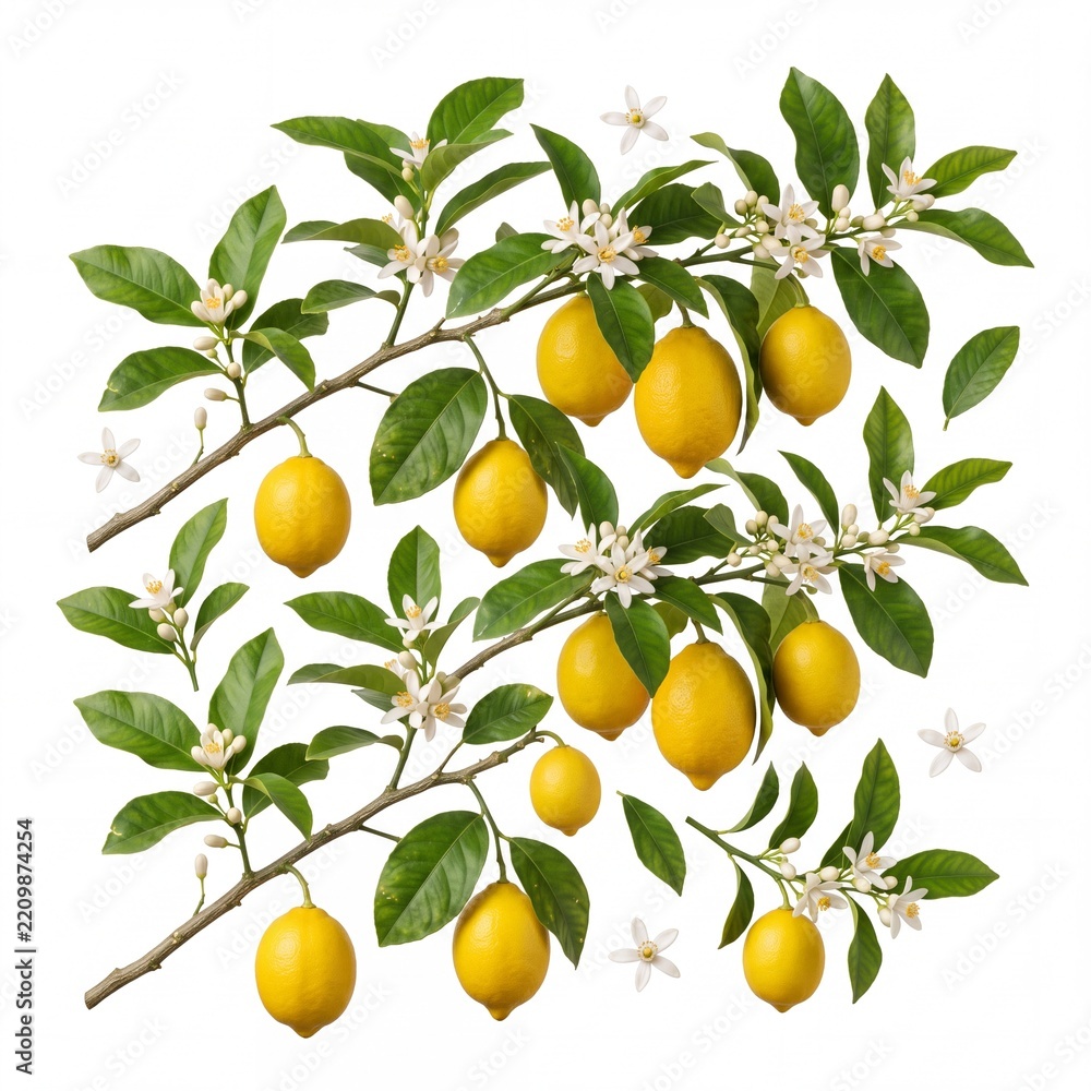 Obraz premium Fresh Lemon Tree Branches with Ripe Yellow Citrus Fruits Green Leaves and Fragrant White Blossoms Isolated on White Background for Botanical Design and Food Packaging Concepts