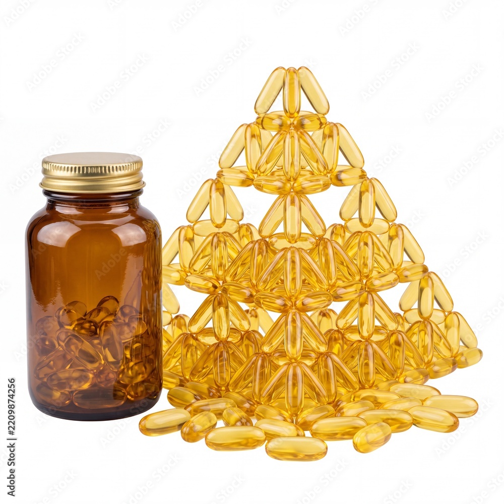 Obraz premium Creative arrangement of yellow omega-3 fish oil softgel capsules built into a large pyramid structure next to an amber glass supplement bottle with a gold cap, isolated on white background for health.