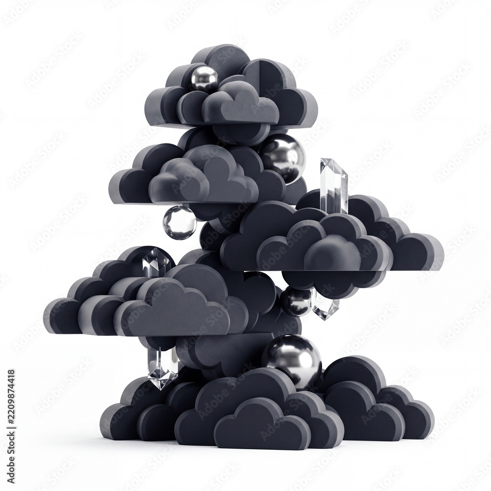 Obraz premium Atmospheric 3D Abstract Composition Featuring Stylized Dark Gray Cloud Layers Arranged Like a Bonsai Tree with Metallic Silver Spheres and Clear Glass Crystal Shards on a Pure White Background