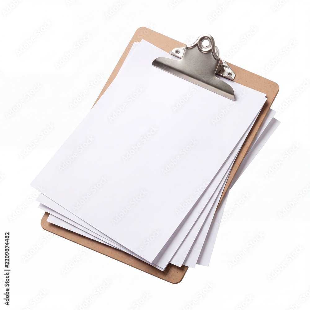 Obraz premium Blank White Stack of Papers Attached to a Wooden Clipboard with Silver Metal Clip Isolated on Plain White Background, Perfect for Business Office Documentation, Medical Checklists, or Surveys.