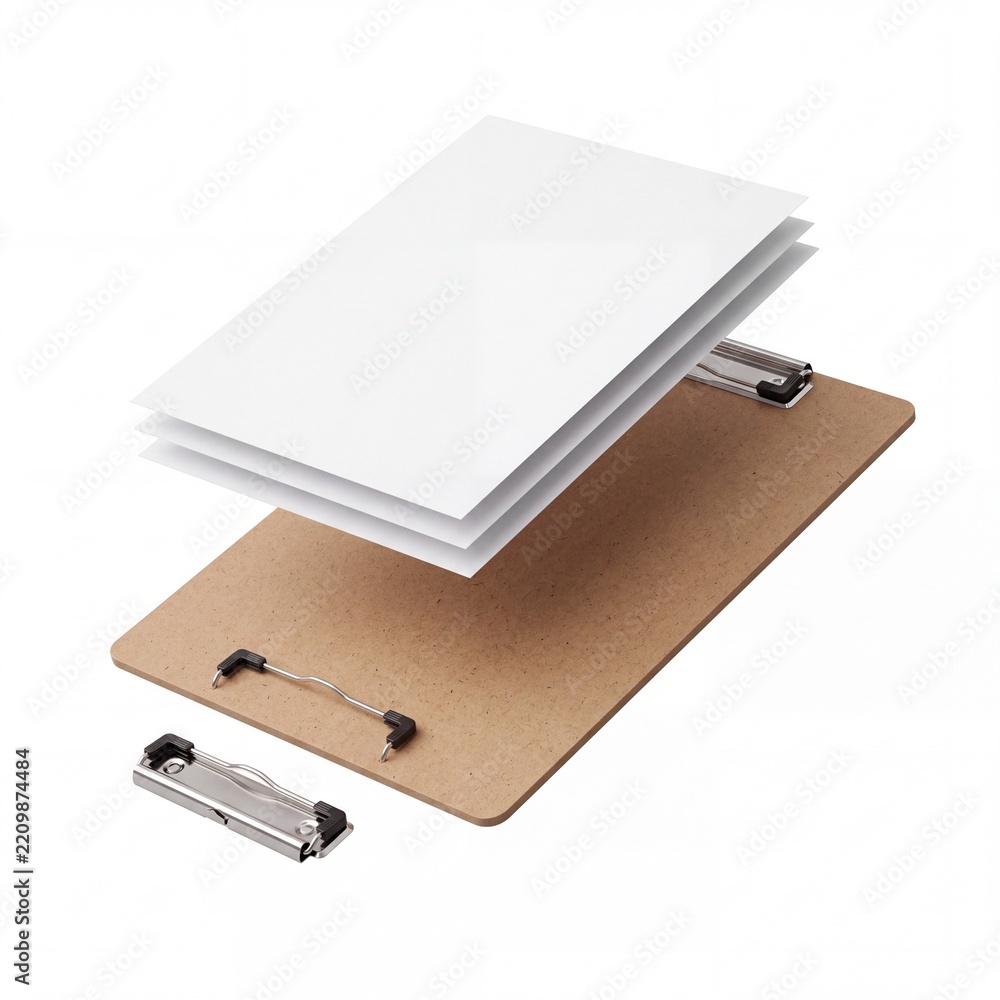 Obraz premium Exploded view of a classic brown wooden clipboard with floating blank white papers and a metal spring clip mechanism isolated on a white background, ideal for business documentation and mockup.