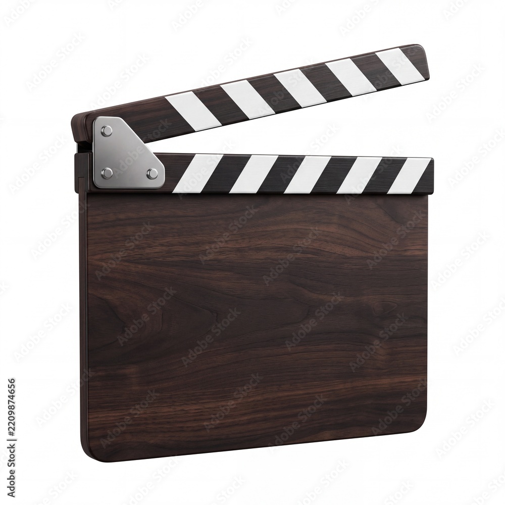 Obraz premium Professional Dark Wood Film Slate Clapperboard Isolated on White Background, Used for Movie Production, Cinema Industry, Video Shooting Equipment, and Creative Media Concept