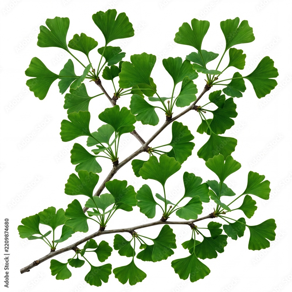 Obraz premium Vibrant Green Ginkgo Biloba Leaves on Branches Isolated on Pure White Background, Natural Maidenhair Tree Foliage for Botanical, Herbal Medicine, and Wellness Industry Design Projects.