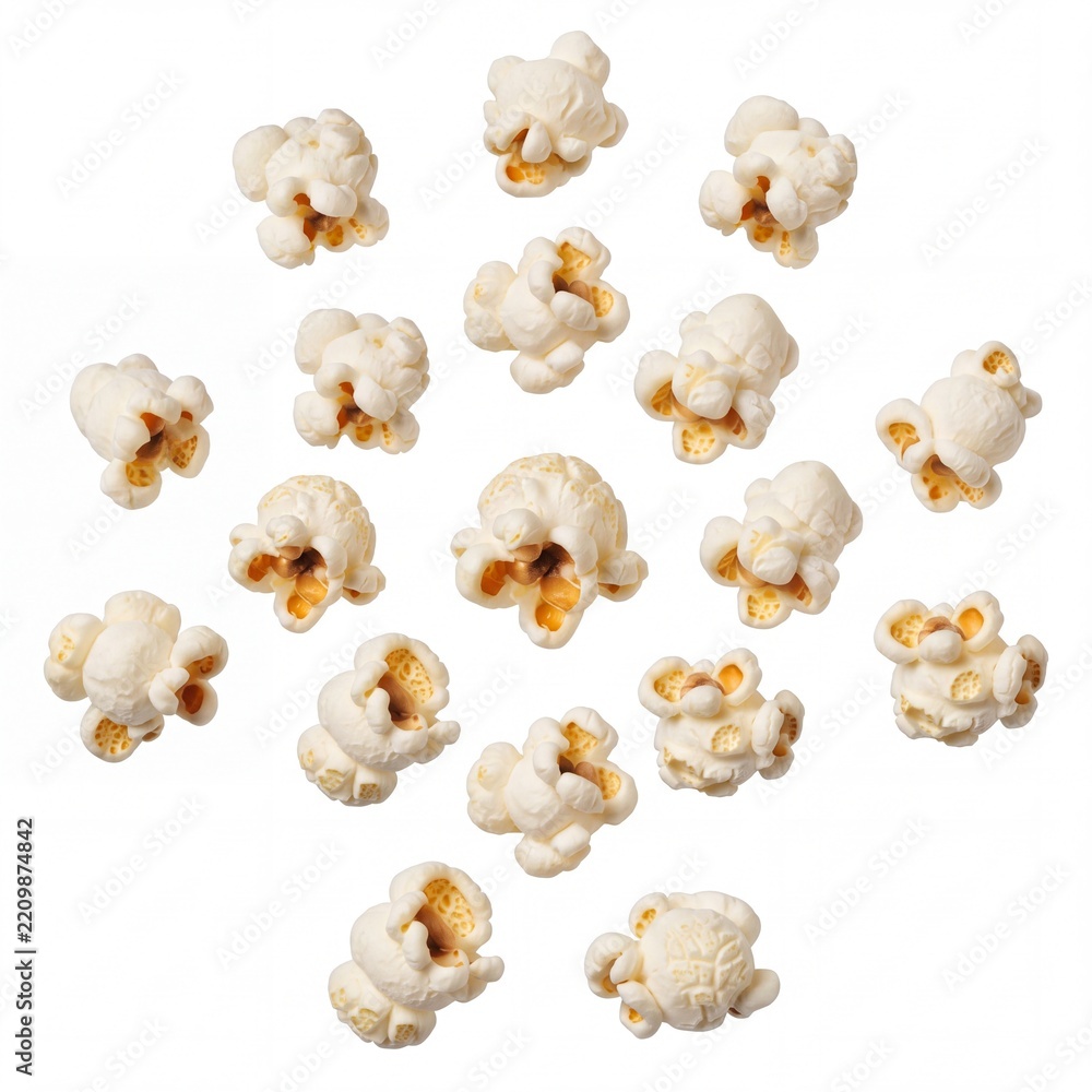 Obraz premium Scattered Popped Popcorn Kernels Floating on a Pure White Background, High Quality Studio Shot of Crunchy Salty Snacks for Cinema Movie Night, Bulk Food Concept with Individual Fluffy Pieces