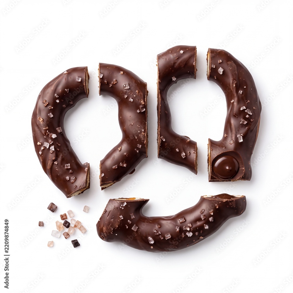 Obraz premium Creative Composition of a Broken Euro Currency Symbol Made of Chocolate Covered Pretzels with Sea Salt, Concept for Economic Crisis or Financial Food Industry Isolated on White Background