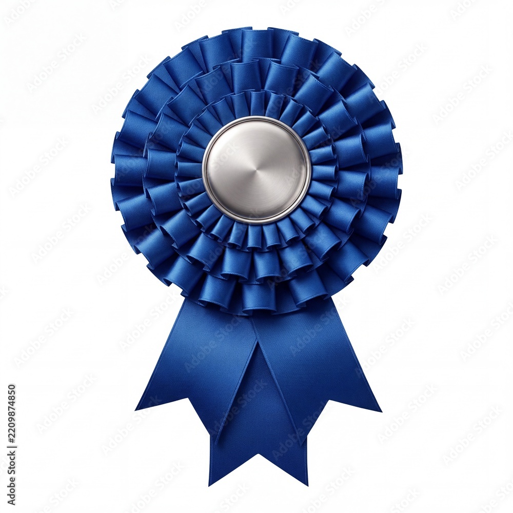 Obraz premium Blue Award Ribbon Rosette with Blank Silver Medal Center for Success and Achievement, Isolated on White Background for First Place Victory Celebration and Competition Winner Recognition