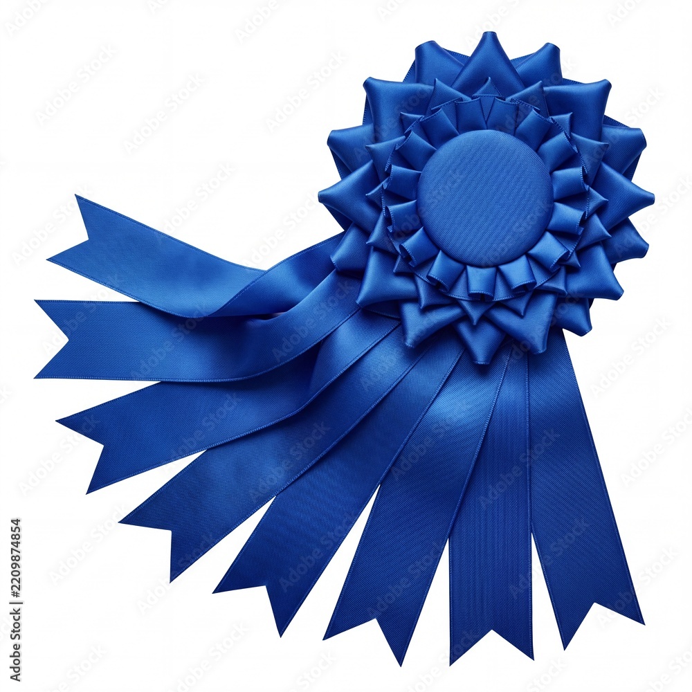 Obraz premium Blue Satin Prize Ribbon Rosette with Multiple Long Tails Isolated on White Background, Award for Winning First Place, Competition Success Achievement Symbol and Victory Recognition Badge