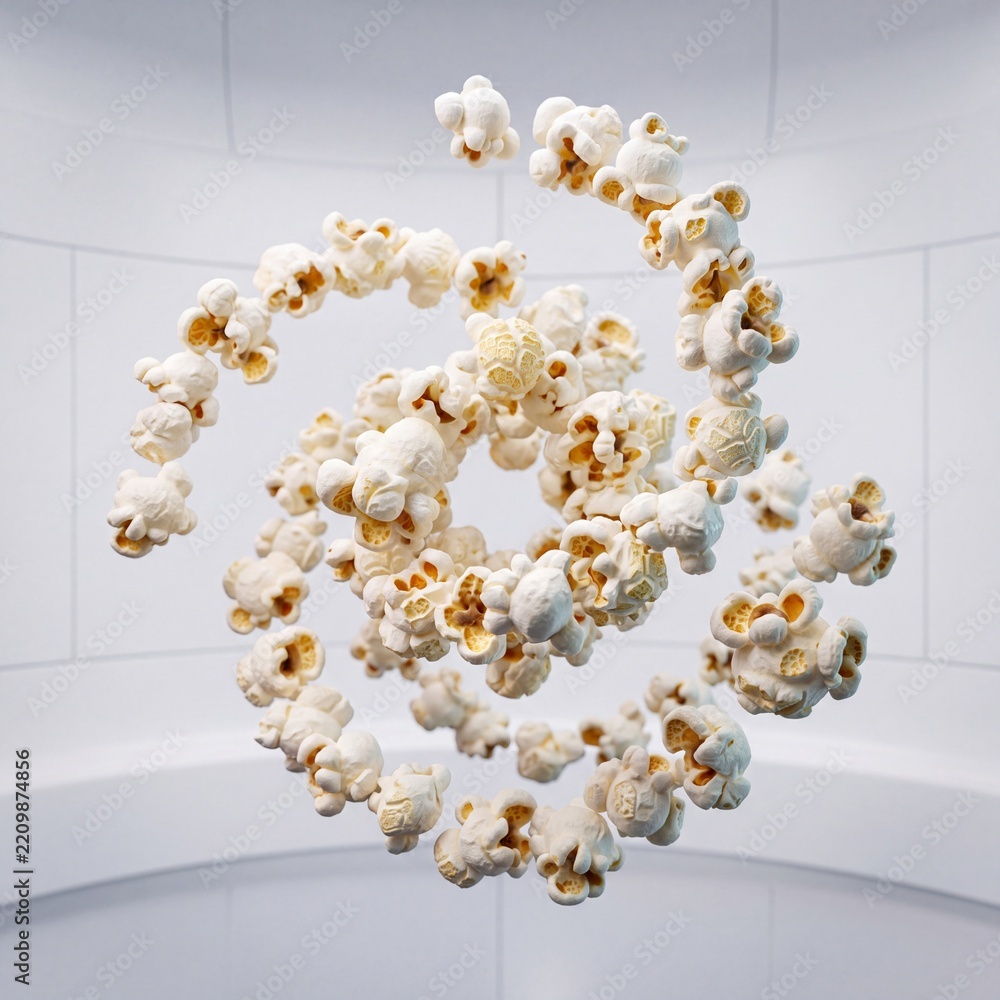 Obraz premium Dynamic Spiral of Freshly Popped Corn Kernels Floating in Mid-Air against a Minimalist White Studio Background, Conceptual Food Art Perfect for Cinema, Snack Advertising, and Brand Promotion