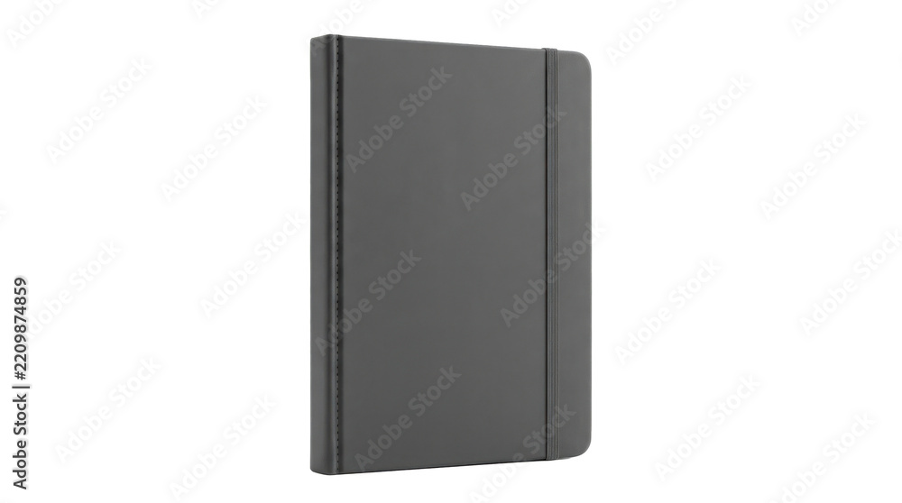 Fototapeta premium Daily planner with a clean hardcover design, neatly bound pages, refined minimalist silhouette and professional stationery appearance, photorealistic, front 3/4 view, vertical orientation,