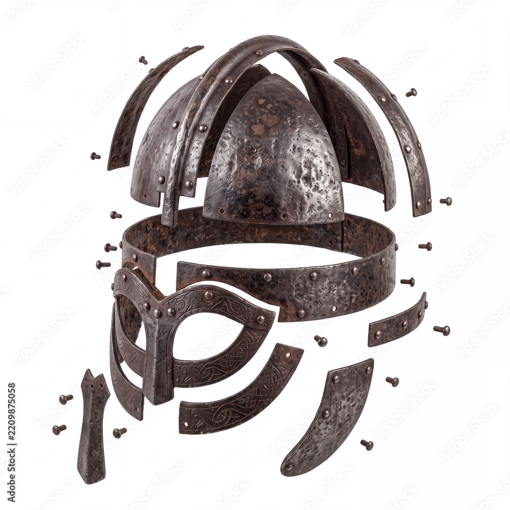 Obraz premium Detailed Exploded View of an Ancient Rusty Viking Helmet Showing Individual Iron Plates, Rivets, and Ornate Eye Guards Isolated on White Background for Historical Restoration or Educational Use