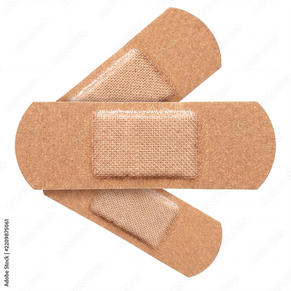 Obraz premium Three adhesive fabric bandages arranged in a stack, flexible tan medical plasters for wound care and first aid treatment, isolated on a white background, essential healthcare supplies for injuries.