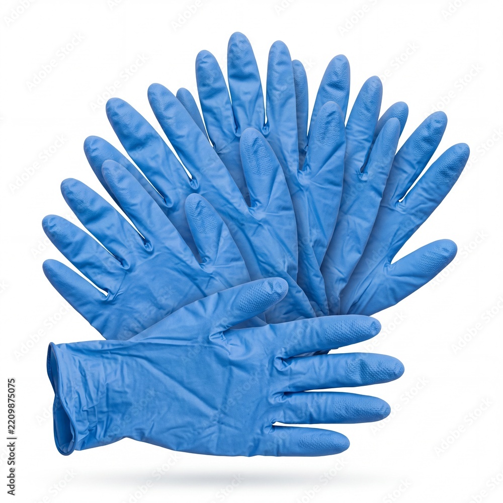 Obraz premium Large Pile of Blue Nitrile Disposable Gloves Isolated on White Background, Set of Protective Medical Hand Wear for Healthcare, Laboratory, Cleaning, and Industrial Safety Equipment