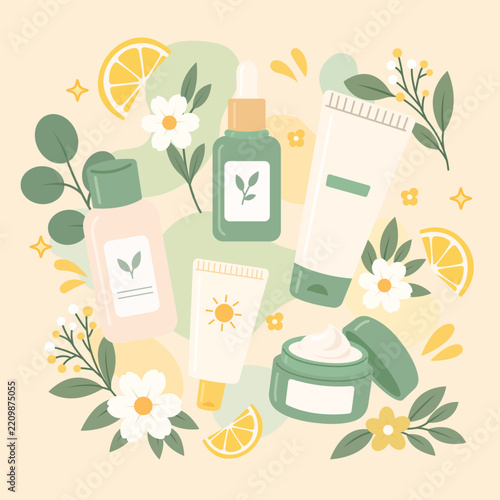 Skincare Products and Botanical Beauty Illustration Collection