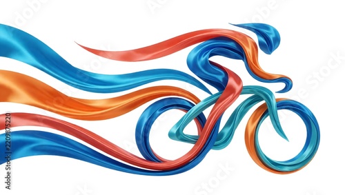 Abstract graphic design of a road cyclist in high speed motion depicted using vibrant flowing ribbon curves.