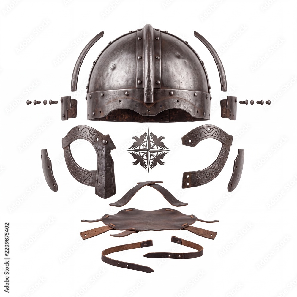 Obraz premium Exploded View of a Medieval Viking Spectacle Helmet with Metal Plates and Leather Straps, Deconstructed Historical Nordic Warrior Armor Elements Isolated on White Background for Education