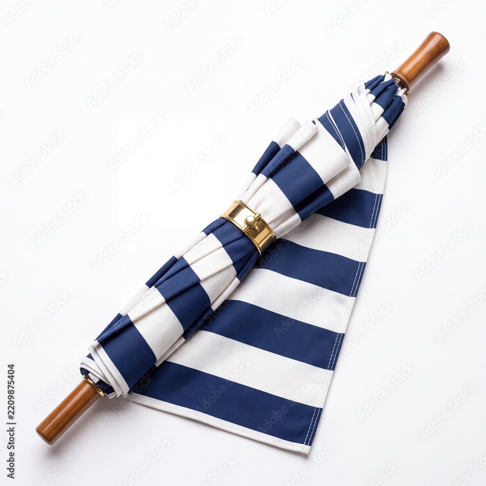 Obraz premium Classic Navy Blue and White Striped Folded Umbrella with Elegant Polished Wooden Handle and Gold Metallic Clasp Ring Isolated on White Background for Fashion and Travel Concepts