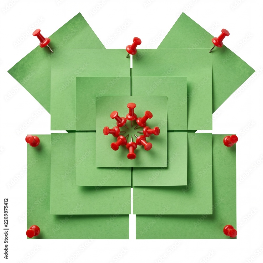 Obraz premium Symmetric Composition of Green Sticky Notes and Red Push Pins Arranged in a Layered Geometric Pattern on White Background for Business Planning, Creativity, and Organizational Concepts