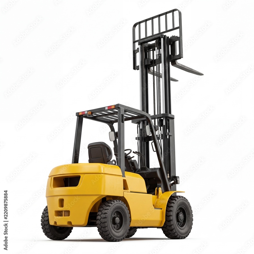 Obraz premium Industrial Yellow Forklift Truck with Raised Mast Isolated on White Background, Heavy Duty Warehouse Machinery for Logistic Material Handling and Cargo Loading Operations, Rear View Stacker