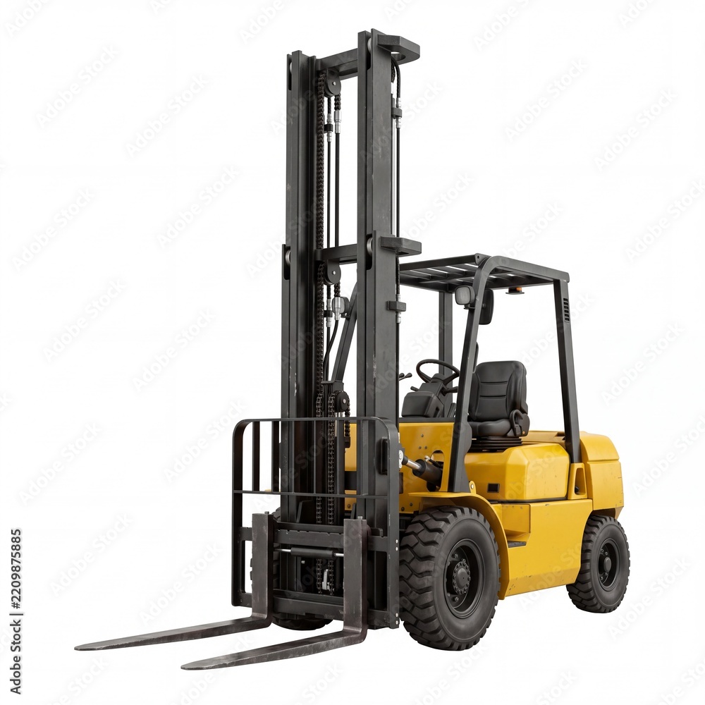 Obraz premium Industrial Yellow Forklift Truck Isolated on White Background for Logistics and Warehouse Management, Heavy Duty Lifting Equipment for Freight Transport, Distribution, and Industrial Cargo Handling.