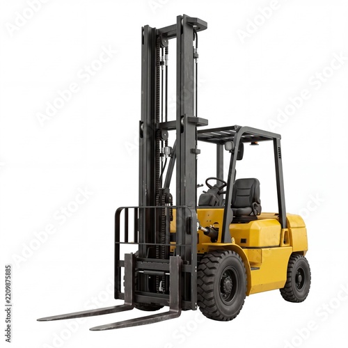 Industrial Yellow Forklift Truck Isolated on White Background for Logistics and Warehouse Management, Heavy Duty Lifting Equipment for Freight Transport, Distribution, and Industrial Cargo Handling.