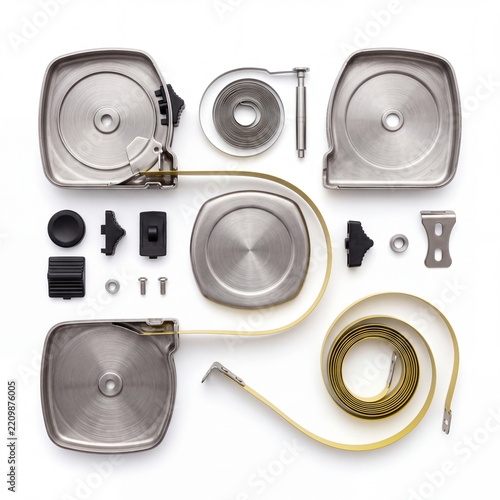 Disassembled Tape Measure Components Arranged in Knolling Style on White Background, Internal Parts of a Measuring Tool for Engineering, Repair, and Industrial Design Concept